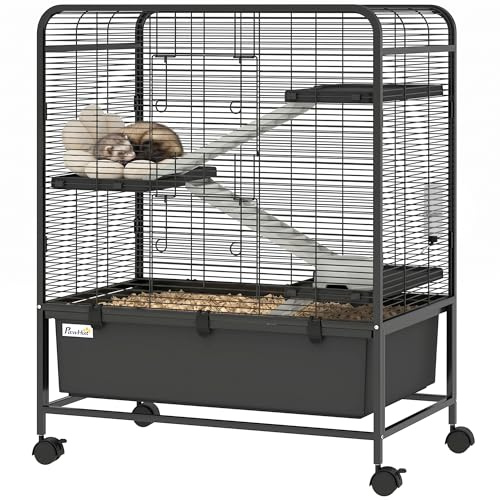 PawHut Gabbia per Conigli in Acciaio a 4 Livelli con Piattaforme, Rampe, Ruote, Serbatoio Acqua, Ciotola e Vassoio Rimovibile, Gabbietta per Criceti, Porcellini d'India, Furetti, 75x46x94.5 cm, Nero