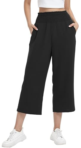 WUWUSKY Elastic High Waisted Palazzo Trousers 3/4 Length Wide Leg Lounge Capri Pants with Pockets,Black,M
