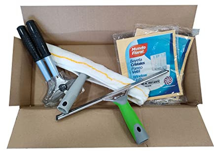 Kit Completo de Productos para Limpieza de Cristales de 45 cms. Limpiacristales, rascador, mojador y bayeta para la Limpieza Especial para Vidrio, Espejos, etc.