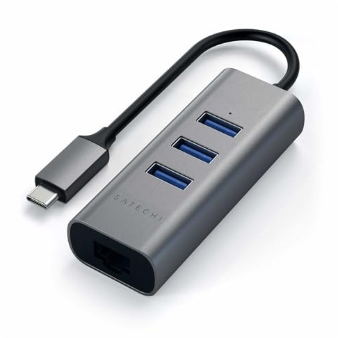 SATECHI 2 en 1 Hub USB-C en Aluminio con 3X Puertos USB 3.0, Ethernet Gigabit, Adaptador Multipuerto para MacBook Air/Pro/Neo, Portátil, Tableta, iPad y más – Gris Espacial