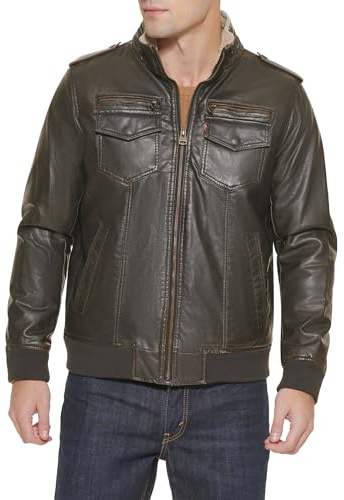 Levi's Men's Faux Leather Aviator Bomber Jacket Coat, Brown, XL