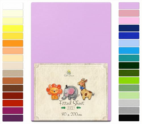 Soft Dream Spannbettlaken 80x200 cm Lila - 100% gekämmte Baumwolle Jersey - Premium Qualität - Spannbetttuch für Kinderbett Juniorbett - OekoTex Zertifiziert - Made in EU - 80x200cm Lila