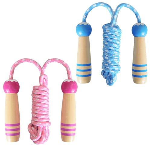 2 Pcs Jumping Rope for Kids, Lorvain Adjustable Skipping Ropes with Wooden Handle Cotton Braided for Boys Girls Jumping Ropes, for Children Students Outdoor Exercise (Blue+Pink)