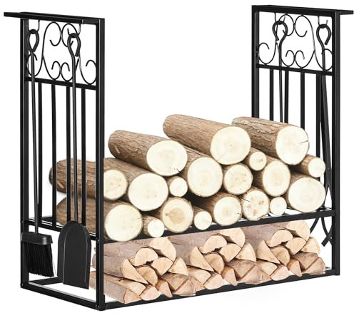 HOMCOM Portalegna Rialzato per Camino in Acciaio Antiruggine, Porta Legna da Interni ed Esterni, 4 Attrezzi Inclusi, 75x30x60cm