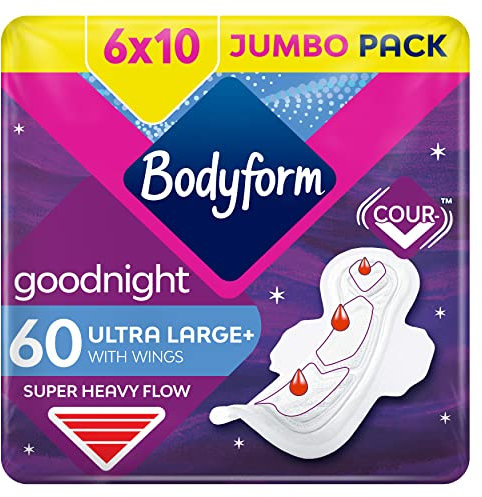 Bodyform Ultra Goodnight Sanitary Towels with Wings, Period Pads for Night Use, 10 Count, Pack of 6