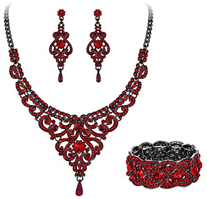 EVER FAITH Statment Schmuck-Set Kristall Retro 1920er Vase Art Deco Braut Prom Halskette, Ohrringe und Stretch Armband Set für Damen Hochzeit Party Rubin-Rot Schwarz-Tone
