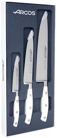 Arcos Riviera Blanc - Küchenmesser-Set (Mondador + Santoku + Kochmesser) - Nitrum geschmiedeter Edelstahl - POM-Griff - Weiß