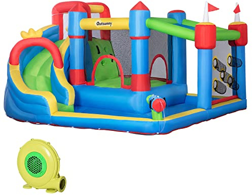 Outsunny Castillo Hinchable para Niños Castillo Inflable Infantil con Tobogán Cama de Salto Piscina Muro de Escalada Inflador y Bolsa de Transporte 390x300x197 cm Multicolor