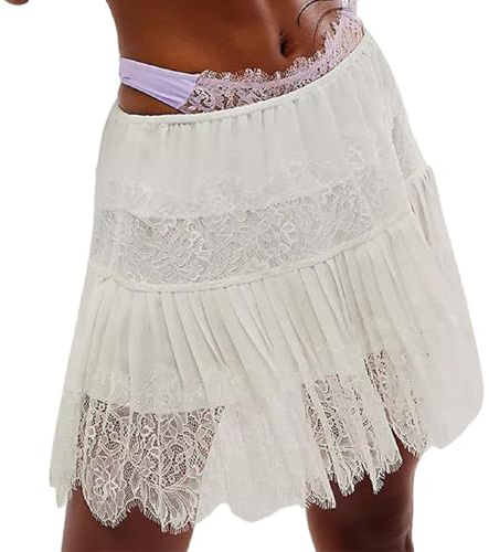 Muineobuka Women Lace Mini Skirt Low Rise Lace Slip Skirts Pleated Layered Ruffle Half Slip Underskirt