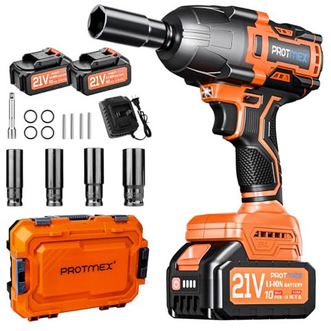 Protmex Clé à Chocs Sans Fil Brushless, Couple Maximal 1200 Nm, 1/2 avec Deux Batteries 4,0 Ah, Clé à Chocs Électrique 21V pour Voiture Familiale/Camionnette/Tondeuse