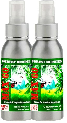 2X Forest Buddies Max 60 100ml 60% DEET Formula Unscented Maximum Strength Against Mosquitoes Biting Insects & Ticks UP to 12 Hours Protection for Any Destination Inc.Tropics Mosquito Repellant Spray