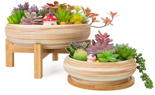 ARTKETTY Succulent Plant Pots - 7.3/10 Inch Large Plant Pots with Drainage Ceramic Bonsai Pots with Tray, Shallow Planters for Succulents Round Cactus Flower Plant Container Bowl