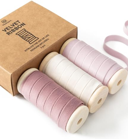Vitalizart Pink & White Velvet Ribbon Set 3/8 x 5Yd x 3 Rolls, Wooden Spool, Fabric Trim for Christmas Wreath Decoration, Handmade Craft, Ornaments, Gift Wrapping & Bow Making