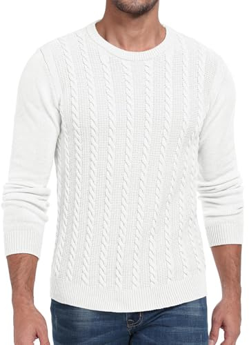 Hisir - Pull en tricot ajouré pour homme - Col rond - Manches longues - Chaud pour l'hiver, blanc, M