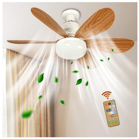 Lights Bulb Ceiling Fan for Bedroom Dimmable E27 Base Led Ceiling Fans with Light and Remote Control 3 Colors 3 Speeds Modern Kitchen Screw In Ceiling Fans Lamps UK (52cm/20.47in , Base Not Included)