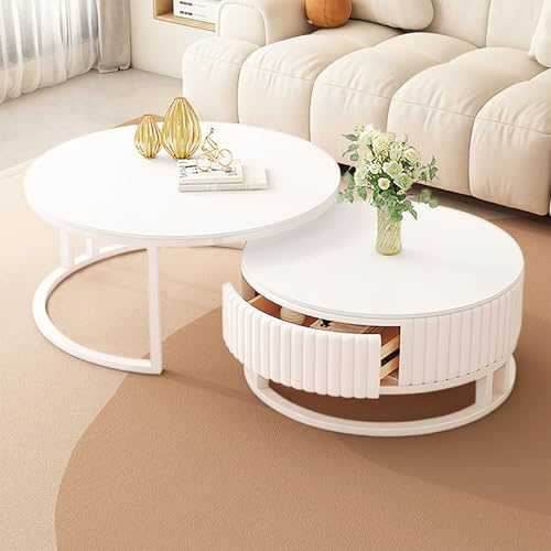 SeraphicCharm Marmor Couchtisch Rund Weiss Mit Stauraum Runder Couchtisch Weiß 2er Set 50+70cm Wohnzimmertisch Modern Mit Holz Schublade Satztische Fürs Wohnzimmer Tisch Ausziehbar Couchtische