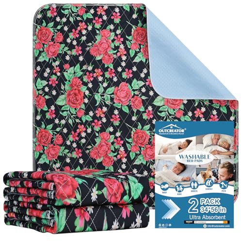 OUTCREATOR® Washable Bed Pads 56 x 34 (Pack of 2), Incontinence Mattress Protector, Anti-Slip Waterproof Underpads for Adults Kids Elderly Pets, Absorbency & Reusable Bedwetting Pads (Red Flower)