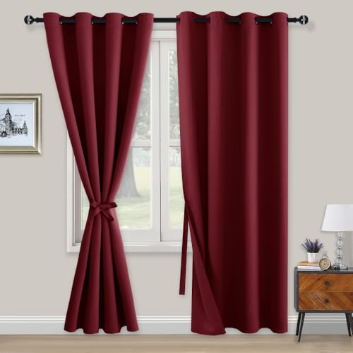 XWZO Blackout Curtains Shades Window Curtain Panels with Tiebacks- Noise Reduction and Thermal Insulated Eyelet Curtains for Bedroom,Living Room,Office,Study Room Burgundy W52xL84