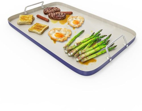 SafBbcue 20 x 13 Double Burner Griddle Pan, Non-Stick Ceramic Coated, for Outdoor Gas Pellet Grill, Stove Top Charcoal Grills, for Weber Charbroil Camp Chef Grill, Blue