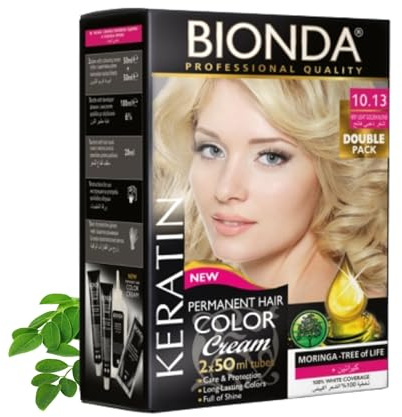 BIONDA Professional 10.13 Mycket Ljust Guldblond 200 ml Keratin Hårfärg | Permanent Color Cream 10.13 Mycket Ljust Guldblond i dubbelpack med keratin och moringa för intensiv färg och gråhårstäckning
