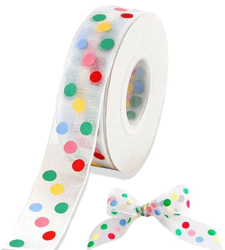 Cinta de Organza Multicolor 2,5 cm x 21 m, Hecha a Mano, Cintas de Tela para Envolver Regalos, Árboles de Navidad, Bricolaje, Lazos, Invitaciones de Boda, Coronas de Flores(puntos de colores)