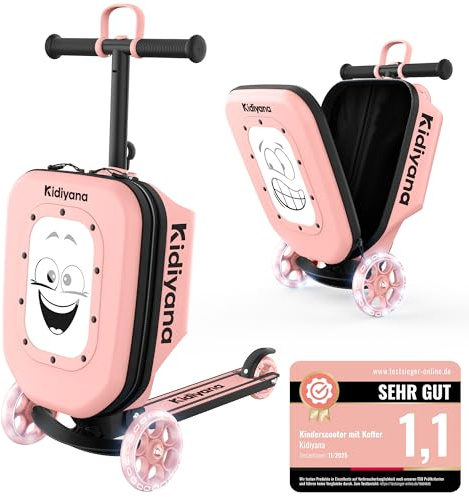 Kidiyana Maleta con patinete, maleta infantil con patinete y ruedas LED, manillar ajustable en altura, ventana de visualización A5, 7 cm de extensión de espacio de almacenamiento, apto como equipaje