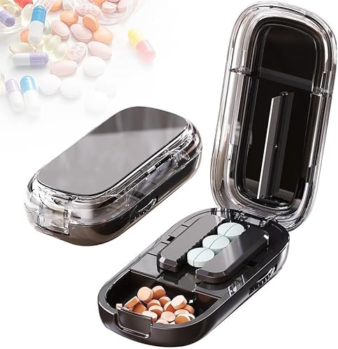 Coupe-Comprimés Portable 2026 avec Guide de Centrage - Coupeur Ajustable 2 en 1 pour Toutes les Pilules, Lame en Acier Inoxydable pour un Partage Précis, Idéal Maison et Voyage (Noir - 1/2)
