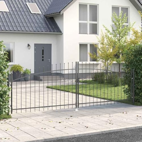 Garden Gate Double Swing Gate with Lock, Grey, 400 x 199.5 cm, Robust Steel Fence Gate for Garden, Patio, Yard Driveway, Durable Outdoor Gate