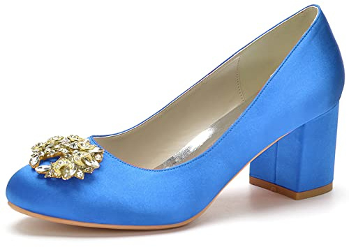HFWXYSA Scarpe da Sposa con Tacco Largo da Donna Punta Tonda Décolleté Slip on Scarpe da Matrimonio Sera in Raso,Royal Blue,36 EU