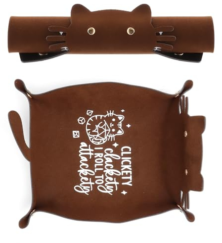 Plateau à Dés Pliable Chat Kawaii en Cuir PU Dice Tray Compact Pliable avec | avec Dé en Bois Accessoire Chat pour DND RPG, Boîte Rangement Multifonctionnelle Jeux de Plateau, Brun