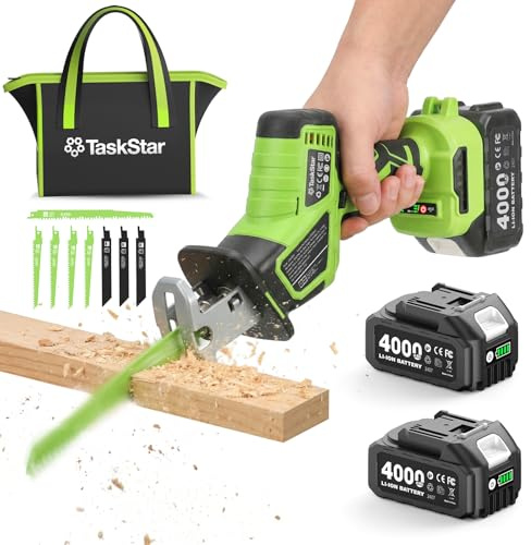 TaskStar Sierra Sable A Batería, Sierra Sable Inalámbricas con 2 baterías de 4,0 Ah, 0-3500SPM, 8 hojas de sierra de cambio rápido, luz LED, ideal para cortar