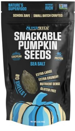 SuperSeedz Dry Roasted Pumpkin Seeds with Sea Salt – 8g Protein, Non-GMO Gluten-Free, Keto Snacks – Nut Free & School Friendly Organic Pumpkin Seeds – 5oz Bag Large European No Shell Pepitas