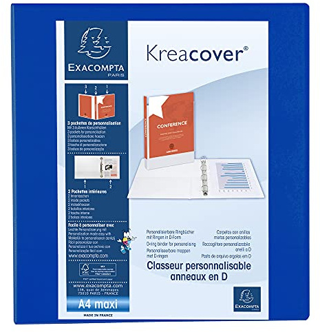 Exacompta - ref. 51845BE - 1 customizable rigid opaque binder with 3 pockets - 4 D-rings of 60 mm - Spine 90 mm - External dimensions: 32 x 30 cm - Format to be filed A4 Maxi - Colour: blue