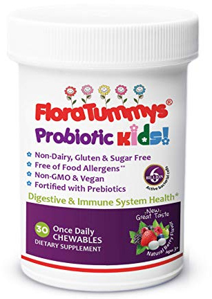 FloraTummys Kids Chewable Probiotic and Prebiotic: Non-Dairy, Gluten Free, Sugar Free, Free of Food Allergens, Non GMO, Kosher Certified