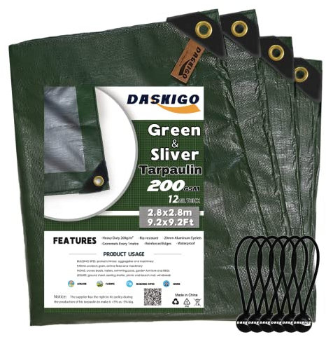 DASKIGO 3 x 3M Heavy Duty 200GSM Green&Silver Reinforced Tarpaulin Cover Waterproof Sheet & 6 Pcs Bungee Balls
