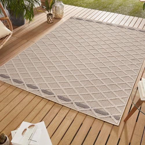 SIMPEX Outdoor Teppich, Rauten Design, Beige, 240 x 340 cm, Skandinavischer Stil, für Küche, Balkon, Terrasse, Garten, Picknick