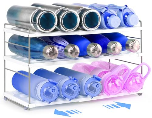 Huquter Expandable Water Bottle Storage, Adjustable Multifunctional Water Bottle Organiser for Cupboard/Countertop/Pantry, 3 Tier Water Bottle Storage Rack for Kitchen Cupboard Tabletop, Office