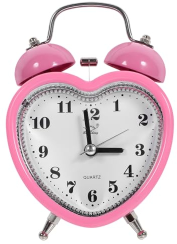 WOFASHPURET Reloj Despertador De Doble Campana Forma De Corazón Rosa, Silencioso Sin Ruido, a Pilas, con Luz Nocturna para Niños y Niñas, Adecuado para Dormitorios y Mesas De Noche