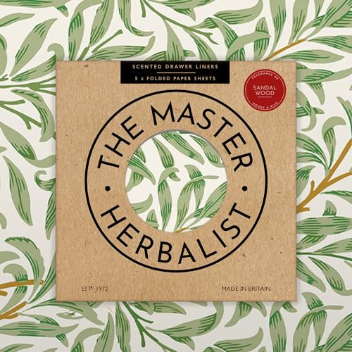 The Master Herbalist Fragrant SANDALWOOD Scented Drawer Liners in a WILLIAM MORRIS Willow Design | Pack of 5 Sheets (FOLDED) | Contains Essential Oils | Made in UK
