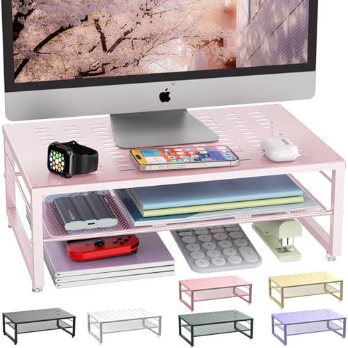 gianotter 2-nivåer metallmonitorstativ höjare, skrivbordstillbehör och arbetsyta skrivbordsorganisatörer, kontorsskrivbordsförvaring organiserare för kontorsmaterial (rosa)