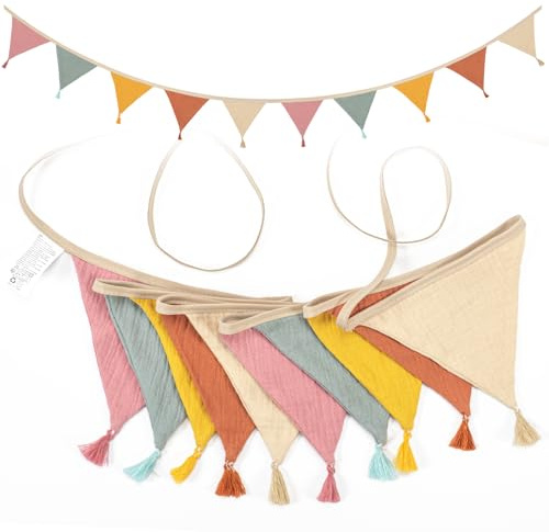 Fabric Bunting Banner,Triangle Baby Bunting for Nursery,Double Sided Colorful Cotton Bunting Garland for Garden Tea Wedding Shower Girls Boys Birthday Bedroom Decoration (Tassels - Rainbow Pink)