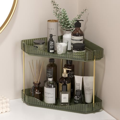 Lifewit Perfume Organiser, Bathroom Countertop Storage, Plastic Makeup Skincare Organiser, Vanity Trays Counter Shelf, Corner Shower Caddy, Corner Storage in Dresser, Bedroom, Kitchen, 2-Tier, Green