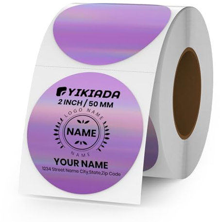YIKIADA Holographiques Étiquettes Thermiques Rondes Adhésives 50 mm Violet Laser Autocollantes Imperméable Imprimable pour Bureau École QR Inventaire 200 Pièces par Rouleau
