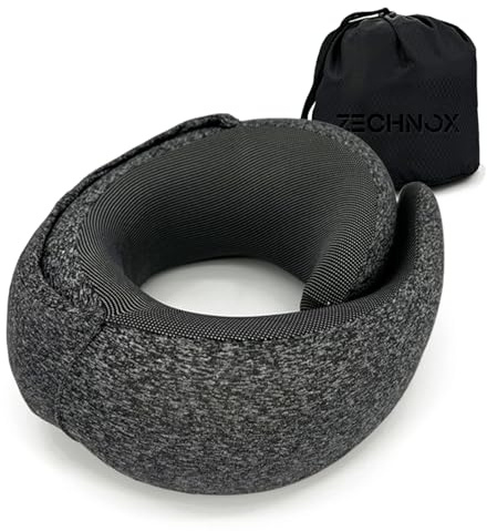 ZechnoX Ergonomisches Reise-Nackenkissen mit Verstaubarer Kapuze,Nackenkissen,Premium-Memory-Schaum,360º Konturiertes Design,Waschbarer Bezug,Komplettes Reise-Set,für Flugzeug (Schwarz)