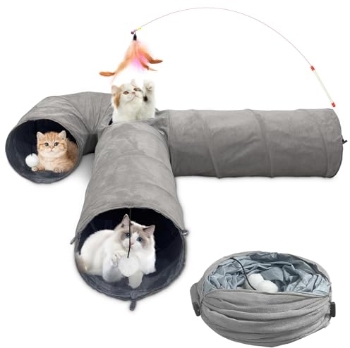 Túnel para Gatos Plegable, Juguete túnel de Gato en Gamuza, Juguete con Pompón y Colgante para Gato, Gran túnel para Gato de Interior Conejos, para Gatos,Cachorros,Conejos,Cobayas (U-Gris)
