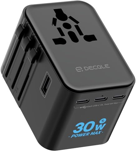 decqle Adaptateur Prise Universelle, Adaptateur Voyage International avec 3 Ports USB-C(30W) ＆ 2 USB-A, Concerner France vers USA, UK, EU, AU ＆ 224+ Pays (Noir)