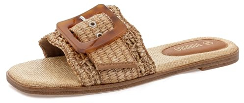 Rihero Women's Flat Sandals Raffia Slip On Beach Slide Sandals Open Toe Comfortable Dressy Buckle Woven Brown Slides Brown Size 9