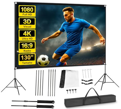 Pantalla de proyección portátil 130 16:9 Plegable Blanco Mate de Gran luminosidad para proyector Compatible 4K 1080p valido para 4:3 y 16:9 Borde Negro