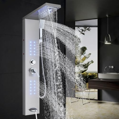 ZAMERY Sistema de torre de panel de ducha LED 5 en 1: cascada, cabezal de ducha de lluvia, de mano, chorros corporales y boquilla de bañera, juego de sistema de columna de ducha cepillado