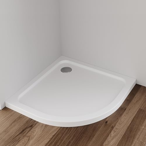 IMPTS Shower Tray 90 x 90 x 4 cm Round Shower Tray Complete Set Extra Flat Acrylic White Shower Acrylic Tray for Shower Enclosure Shower Cubicle Includes Drain Fitting